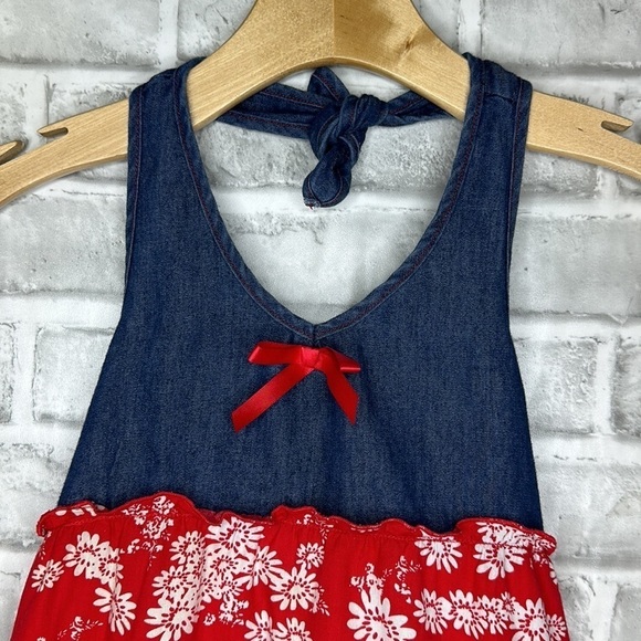 PINKY girls sleeveless halter top style dress. Backless. Red, white and blue. - Picture 2 of 10